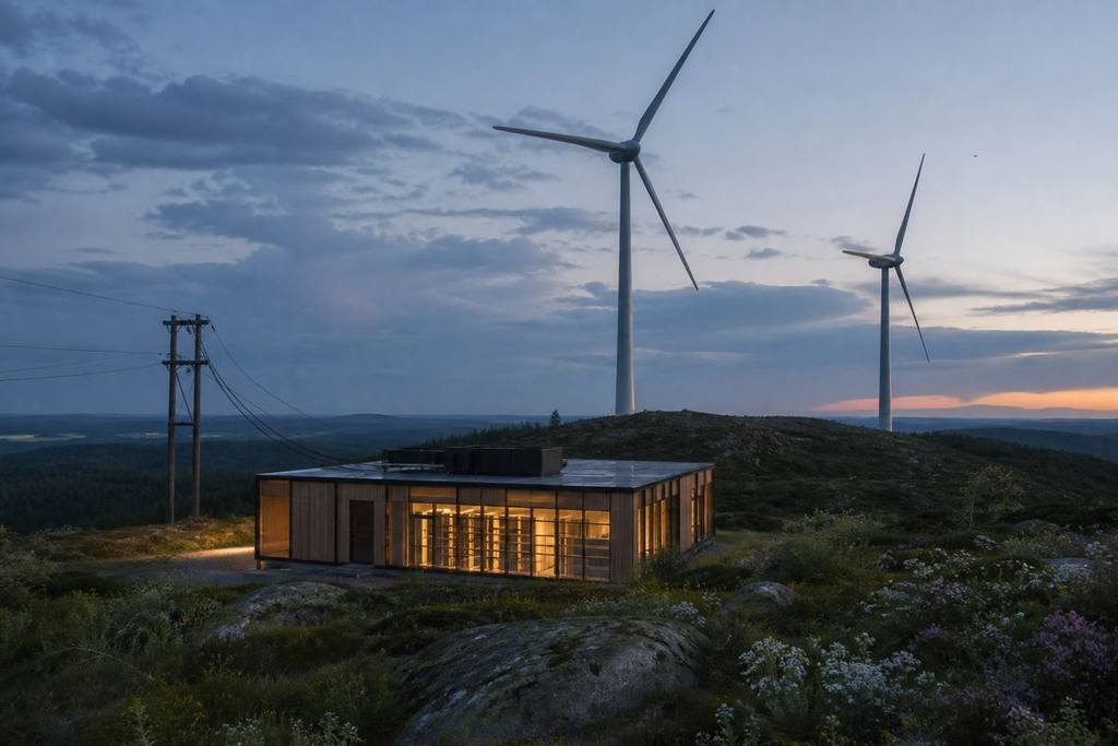 Visualization of a timber-and-glass hall at the foot of wind turbines in a Nordic clearing. Visualization, not a photograph of an operating site.