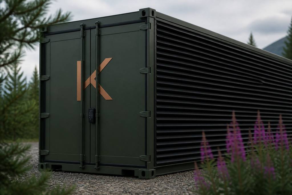 Visualization of a Kelvin Flexbox close-up: forest-green double doors with a copper K and keypad, and a bank of horizontal louvers. Visualization, not a photograph of an operating site.