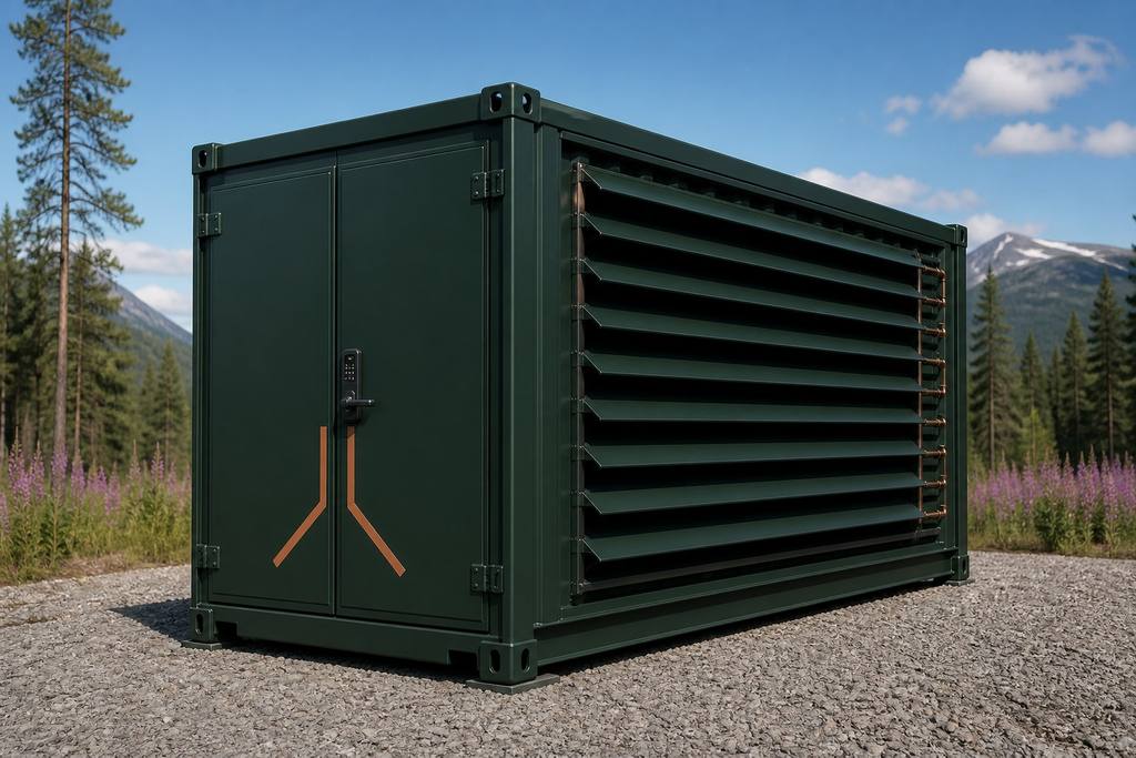 Visualization of a Kelvin Flexbox: a forest-green 40 ft ISO container with a copper K on the double doors, horizontal louvers and a keypad, on gravel among pines. Visualization, not a photograph of an operating site.