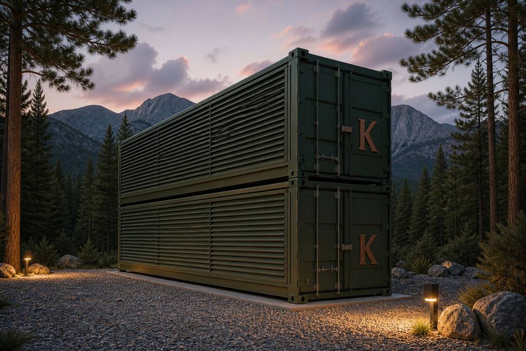 Visualization of two Kelvin Flexbox units stacked at dusk. Visualization, not a photograph of an operating site.
