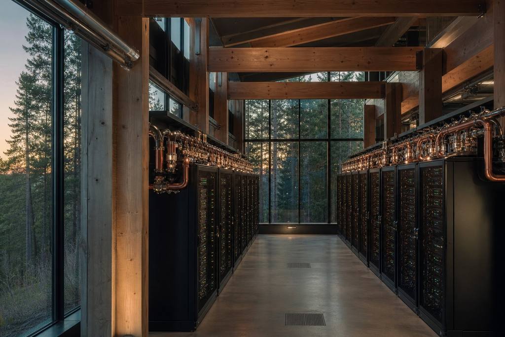 Visualization of a timber-framed hall interior: two aisles of liquid-cooled racks under wood beams. Visualization, not a photograph of an operating site.